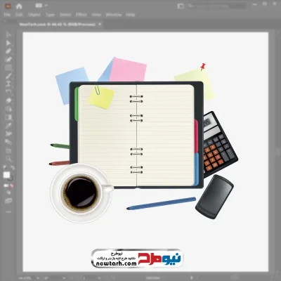 فایل وکتور وسایل اداری در کنار فنجان قهوه با فرمت eps